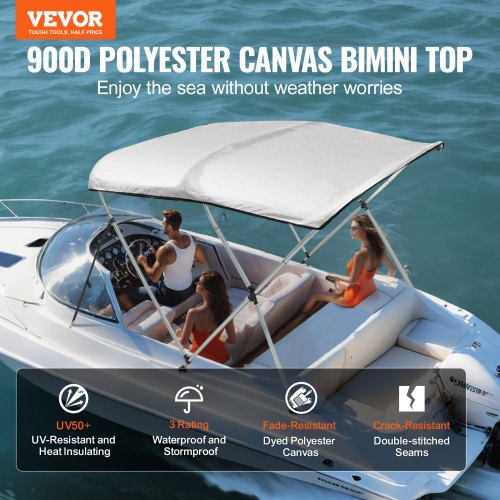 VEVOR 3-Bogen-Bimini-Top-Bootsabdeckung, 155-167 cm Einbaubreite 900D-Polyester-Überdachung mit Aluminiumlegierungsrahmen, Wasserdicht &amp; Sonnenschutz, inkl. Aufbewahrungsbox, 2 Stützstangen Hellgrau