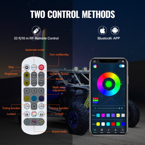 VEVOR 1 Stück 3 Fuß Peitschenlicht mit Federsockel, LED-Peitschenlicht mit App &amp; Fernbedienung, Wasserdichte 360°-Spiral-RGB-Peitsche mit Lauflicht &amp; 2 Flaggen, für UTVs, ATVs, Motorräder, RZR