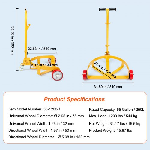 VEVOR Fassroller mit Griff Transportroller Rollbrett 250L Fass-Trolley Ø 620 mm Geeignet zum Transport von Fass bis zu einem Gewicht von 544kg Fasswagen mit 1 Universalrad &amp; 2 Richtungsräder