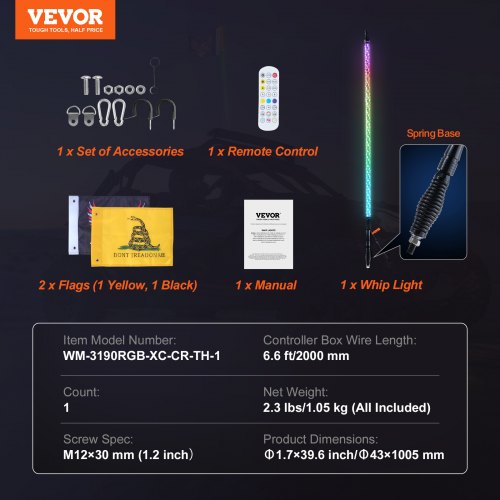 VEVOR 1 Stück 3 Fuß Peitschenlicht mit Federsockel, LED-Peitschenlicht mit App &amp; Fernbedienung, Wasserdichte 360°-Spiral-RGB-Peitsche mit Lauflicht &amp; 2 Flaggen, für UTVs, ATVs, Motorräder, RZR