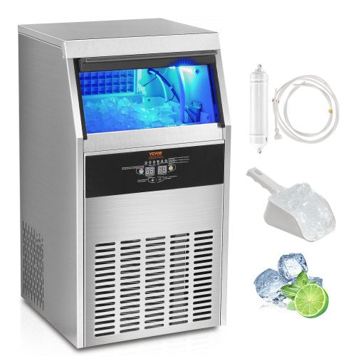 VEVOR Kommerzieller Eiswürfelbereiter Eismaschine 56 kg / 24 h, Leichte Würfeleismaschine 15 kg Eisspeicherkapazität 60 Stk. Eiswürfel, Edelstahl Eiswürfelbereiter inkl. Wasserfilter &amp; Eisschaufel