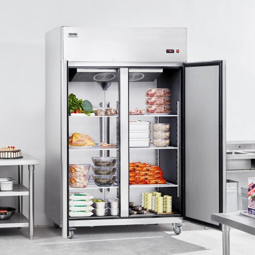 VEVOR Gewerbekühlschrank 1100 L, 2 Türen, Edelstahl-Kühlschrank mit automatischer Abtauung, 6 Ablagen, Temperaturregelung von  -2 bis + 8 °C und 4 Rädern