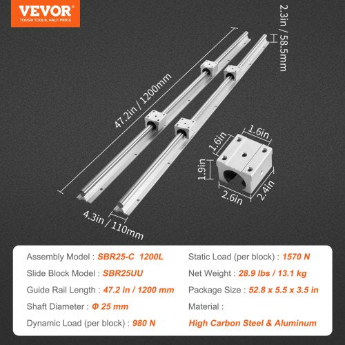 VEVOR Linearführungsschienen-Set, SBR25 1200 mm, 2 Stück 47,2 Zoll/1200 mm SBR25 Führungsschienen und 4 Stück SBR25UU Gleitblöcke, Linearschienen und Lagersatz für automatisierte Maschinen, DIY-Projek