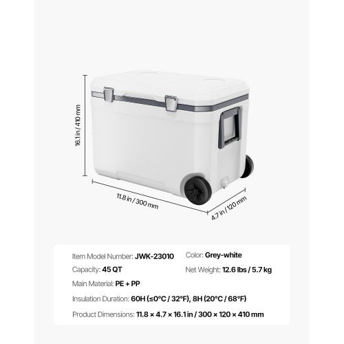 VEVOR Tragbare Kühlbox Isoliert Rollbar mit Getränkehalter 45Qt(64Dosen)