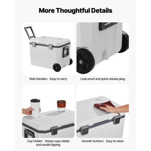 VEVOR Tragbare Kühlbox Isoliert Rollbar mit Getränkehalter 45Qt(64Dosen)