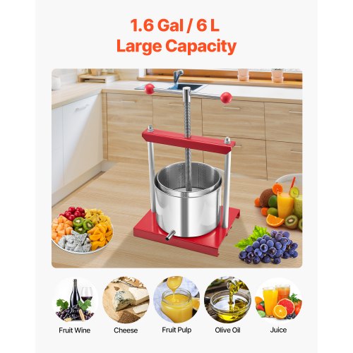VEVOR Obstweinpresse Manuelle Presse Weinherstellung 6L Edelstahl Obstmühle