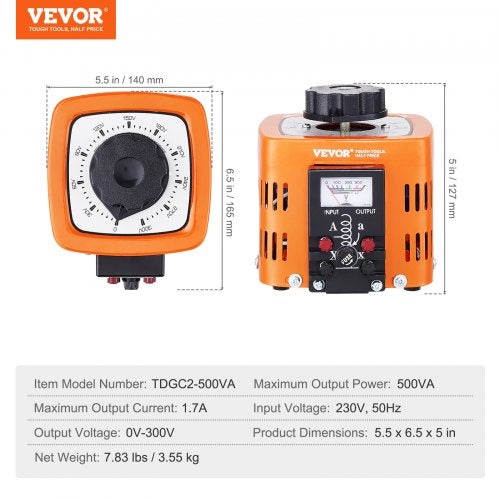 VEVOR Automatischer variabler Stelltransformator 500 VA, 1,7 A, Eingang 230 V, Ausgang 0-300 V, AC-Spannungsregler 4 Sicherungen, thermischer Steuerschalter für Haus, Büro