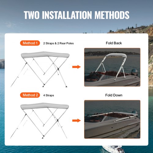 VEVOR 3-Bogen-Bimini-Top-Bootsabdeckung, 155-167 cm Einbaubreite 900D-Polyester-Überdachung mit Aluminiumlegierungsrahmen, Wasserdicht &amp; Sonnenschutz, inkl. Aufbewahrungsbox, 2 Stützstangen Hellgrau