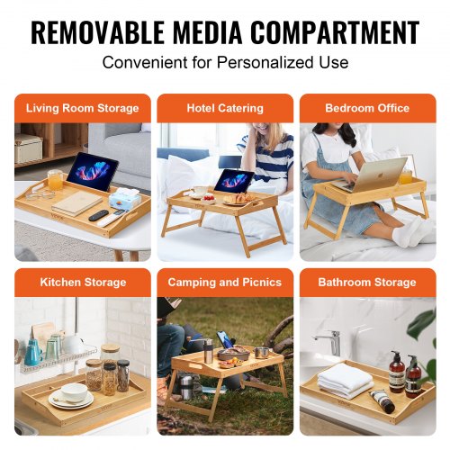 VEVOR Betttablett Tisch mit Faltbaren Beinen &amp; Medienschlitz, Bambus-Frühstückstablett für Sofa, Bett, Essen, Snacken und Arbeiten, Serviertablett für Laptop, Schreibtisch, TV-Tablett