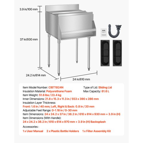 VEVOR Kommerzieller Eisbehälter 61,6L Unterbau-Eisbehälter mit Schiebedeckel