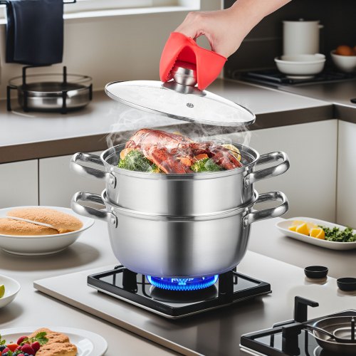 VEVOR 24cm Dampfgarer Topf Edelstahl mit Glasdeckel, 1 Etagen (1x Dampfkochtopf und 1x Suppentopf)Dampfkocher Dampftopf Induktion Gardampftopf Dampfkochtopf Kochtopf für Gemüse, Fisch, Suppe, Knödel