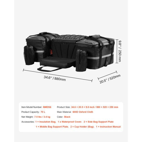 VEVOR 54L ATV UTV Hinten Lagerung Tasche Hecktasche Aufbewahrungstasche Schwarz