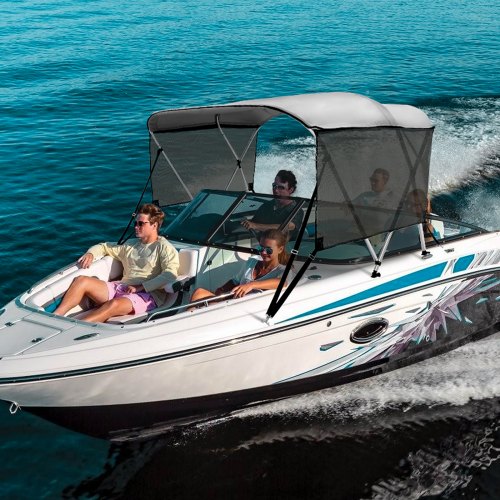 VEVOR 3-Bogen-Bimini-Top-Bootsabdeckung, 200–213 cm Einbaubreite 600D-Polyester-Überdachung, Bootsverdeck mit Abnehmbare Mesh-Seitenwände, Wasserdicht &amp; Sonnenschutz, inkl. Aufbewahrungsbox Hellgrau