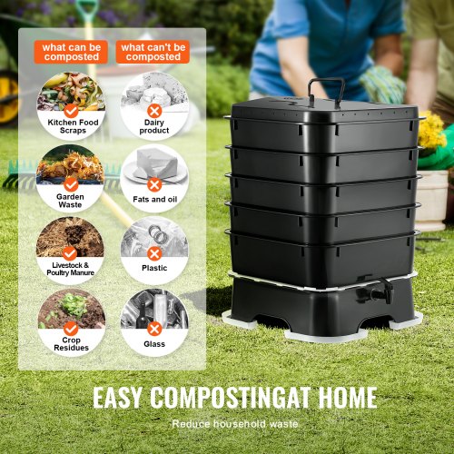 VEVOR Schnellkomposter 18-50L Gartenkomposter 400x400x650mm Thermokomposter HDPE-Kunststoff Kompostierer Inkl. 5 Schalen &amp; ein Auffangbehälter Kompostbehälter Kompostierung Reduzierung des Hausmülls