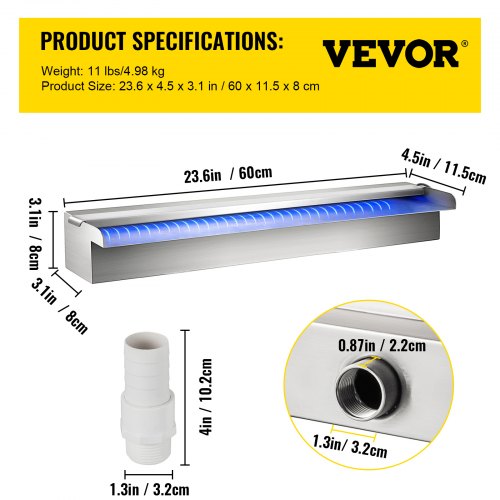 VEVOR Schwalldusche Wasserfall Poolfontäne Led 23,6  x 4,5 x 3,1  Poolbrunnen 1,3 Wasserfontäne 0,87 Dekoration Gartenteich