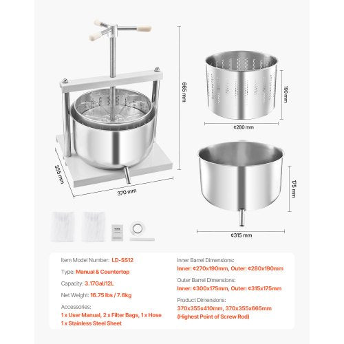 VEVOR Obstweinpresse Manuelle Presse Weinherstellung 12L Edelstahl Entsafter