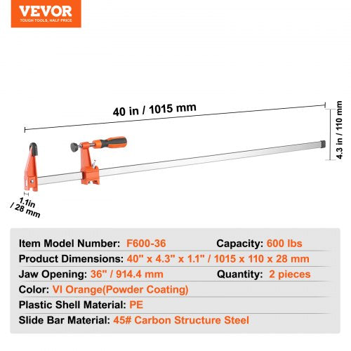 VEVOR Stangenklemmen für die Holzbearbeitung, F-Klemme, 2er-Pack, 36-Zoll-Klemme/Spreizer, 600 lbs Last