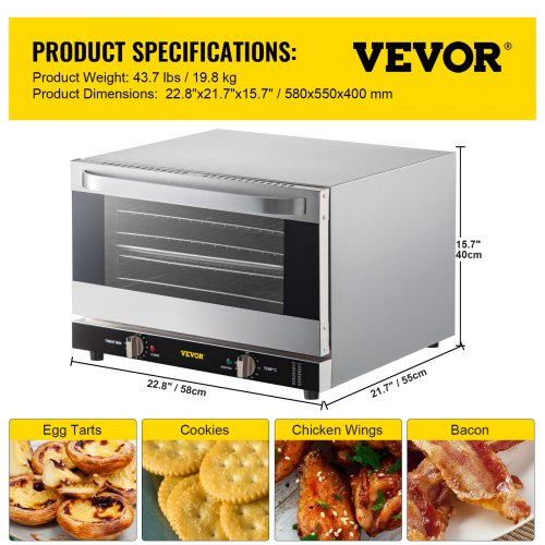 VEVOR Mini Backofen, 47 L Grillofen 1600 W Mini Ofen Tischbackofen 4 Schichten, 58 x 55 x 40 cm Elektrobackofen Umluft mit 0-120 min Timer, Handschuhe und Essenstablett, Pizzabackofen Backofen