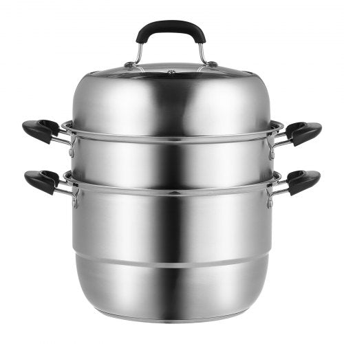 VEVOR 28cm Dampfgarer Topf Edelstahl mit Glasdeckel, 3 Etagen Dampfkocher Dampftopf Induktion Gardampftopf Dampfkochtopf Kochtopf Ideal für Gemüse, Fisch, Suppe, Knödel (inkl. 2 Dampfgarer-Einsätze)