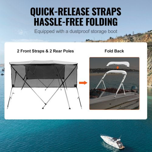 VEVOR 4-Bogen-Bimini-Top-Bootsabdeckung, 200–213 cm Einbaubreite 600D-Polyester-Überdachung, Bootsverdeck mit Abnehmbare Mesh-Seitenwände, Wasserdicht &amp; Sonnenschutz, inkl. Aufbewahrungsbox Hellgrau