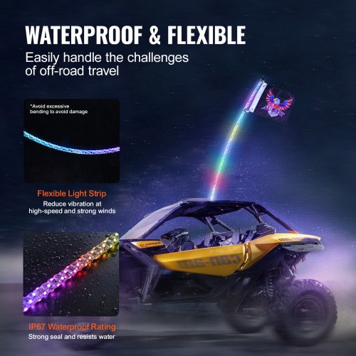 VEVOR 1 Stück 3 Fuß Peitschenlicht mit Federsockel, LED-Peitschenlicht mit App &amp; Fernbedienung, Wasserdichte 360°-Spiral-RGB-Peitsche mit Lauflicht &amp; 2 Flaggen, für UTVs, ATVs, Motorräder, RZR