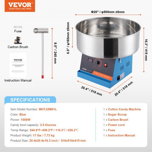 VEVOR Elektrische Zuckerwattemaschine, 1000 W Zuckerwattegeräte, Kommerzielle Zuckerwattemaschine mit Edelstahlschüssel &amp; Zuckerlöffel, Perfekt für Kindergeburtstage zu Hause, Familienfeiern (Blau)