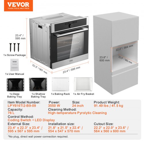 VEVOR Einzel-Wandofen Elektrischer Einbau-Wandofen 16 Funktionen 3550W 76L