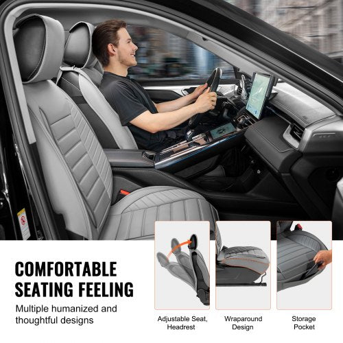 VEVOR Sitzbezüge, Universal-Autositzbezüge für Vordersitze, 2-teiliger Kunstleder-Sitzbezug, halbgeschlossenes Design, abnehmbare Kopfstütze und Airbag-kompatibel, Autos, SUVs und Lkws, Grau