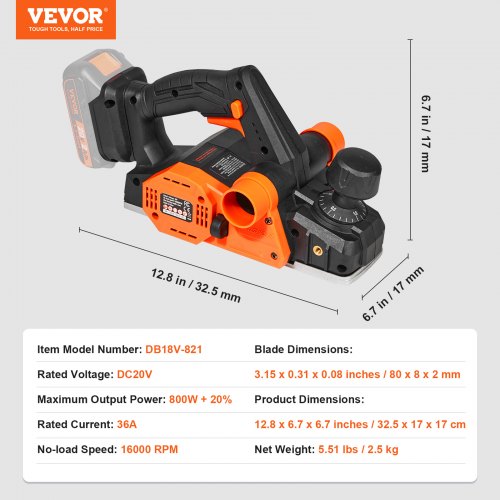 VEVOR Akku-Hobel 20V Handhobel 82mm Breite Hobelmaschine 2mm Hobeltiefe Elektrohobel 16500U/min Einhandhobel mit HSS-Klingen und doppeltem Staubauslasssystem Hobekl Handhobelmaschine