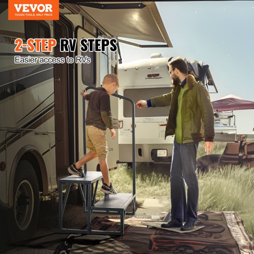 VEVOR Wohnmobil-Stufen, 2-stufige Wohnmobil-Treppe, 200 kg Tragkraft, Verdickter Kohlenstoffstahl, mit Handlauf, rutschfeste Stufen für sicheres Ein- und Aussteigen, geeignet für Wohnmobil, Anhänger
