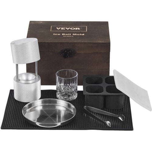 VEVOR Eiswürfelbereiter Eiswürfelformen Satz 60 mm, Eiswürfelform Eiskugelform mit Tropfschale &amp; Eiszange &amp; Glas, Strapazierfähige Eiswürfelformen Eiswürfelbehälter Silber Whisky, Americano
