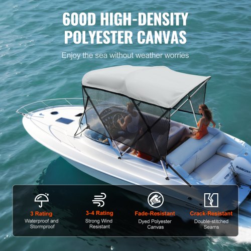 VEVOR 3-Bogen-Bimini-Top-Bootsabdeckung, 200–213 cm Einbaubreite 600D-Polyester-Überdachung, Bootsverdeck mit Abnehmbare Mesh-Seitenwände, Wasserdicht &amp; Sonnenschutz, inkl. Aufbewahrungsbox Hellgrau