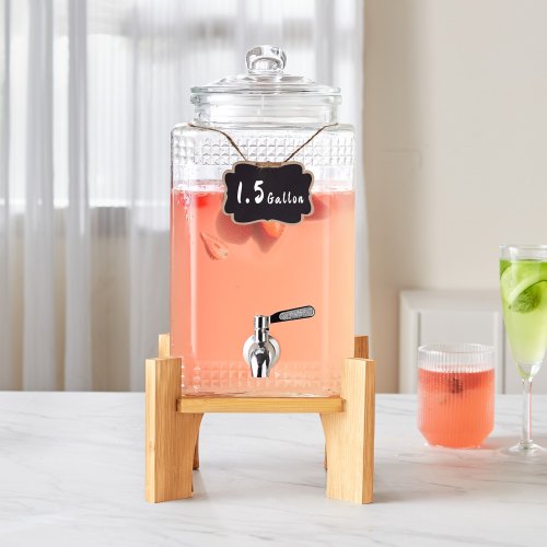 VEVOR Getränkespender, 1,5 Gallonen Getränkespender für Partys, Saftspender aus Glas mit Ständer, Zapfhahn aus Edelstahl, Eistee-Limonadensaft-Wasserspender, für Restaurants, Hotels, Partys