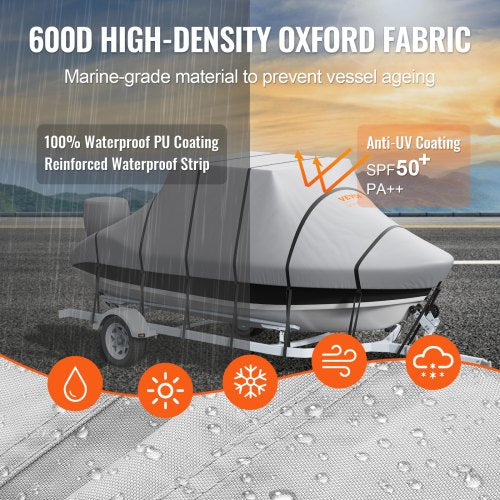 VEVOR T-Top-Bootsabdeckung, 609-670 cm Wasserdichte, Anhängertaugliche T-Top-Bootsabdeckung, 600D Marine Grade PU Oxford, mit Winddichten Schnallenriemen, für Mittelkonsolenboote mit T-Top-Dach
