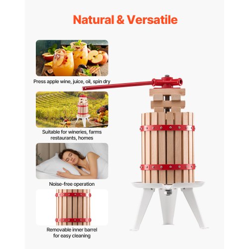 VEVOR Obstweinpresse Apfelmühle Manuelle Presse Weinherstellung 6L mit Holzkorb