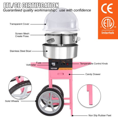 VEVOR Zuckerwattemaschine Edelstahl Zuckerwattegerät 1kW Rosa Kommerziell