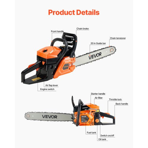 VEVOR 62cc Benzin-Kettensäge Motorsäge 3,6PS 508mm 11800U/min Holzschneiden
