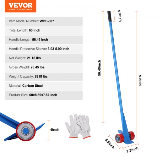 VEVOR Hebelstangen mit Rollen 152,4cm Palettenbrecher 4 Tonnen Tragfähigkeit Brechstangen Q235 Kohlenstoffstahl Abbruch-&amp; Hebelstange Lattenheber inkl.Handschuhe