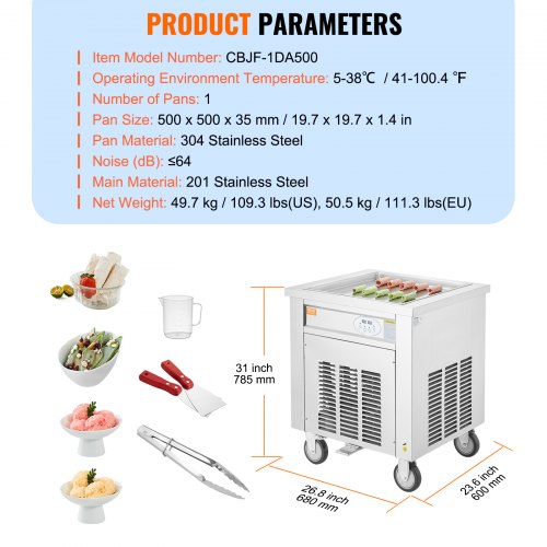 VEVOR Maschine für Frittierte Eisrollen, 50 x 50 cm Große Quadratische Pfanne zum Frittieren von Eis, Kommerzielle Eismaschine aus Edelstahl mit Kompressor und 2 Schabern