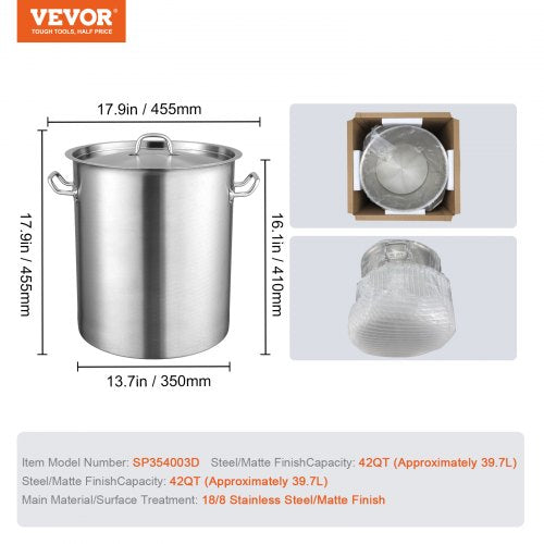 VEVOR Kochtopf 39,7 L Edelstahl, 350 x 410 mm Großvolumiger Suppentopf Komposit-Basis, als Spargeltopf Soßentopf Geeignet, Praktischer Küchentopf Große Zutaten, Induktionsherd Topf Induktionskochtopf
