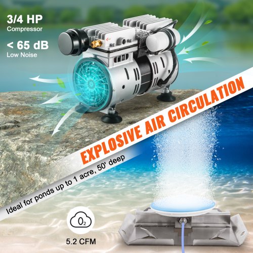 VEVOR Teichbelüfter 550W, 5,2CFM für bis zu 1 Acre 15m See Teichbelüftungsset beinhaltet 3/4PS-Kompressor &amp; beschwerte Schläuche &amp; Diffusor Luftkompressor für Sauerstoffzirkulation in tiefem Wasser