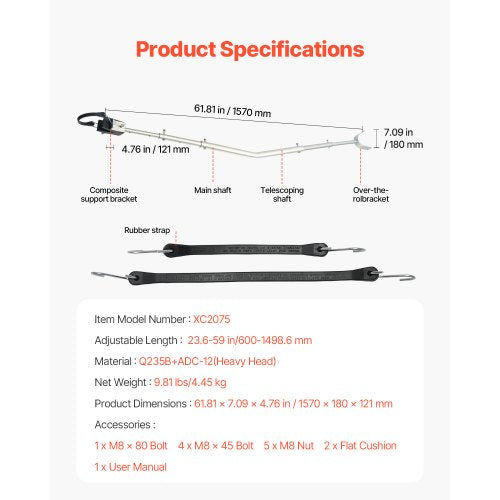 VEVOR Verstellbarer Heckspiegelschoner Transom Saver 600-1498,6mm Boot