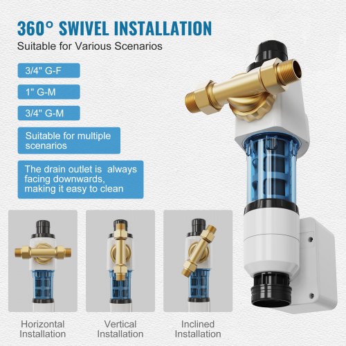 VEVOR Spin-Down-Filter, 40 Mikron-Sedimentfilter für das ganze Haus für Brunnenwasser, 3/4 Zoll GM + 1 Zoll GM, 4 T/H hohe Durchflussrate, für Wasserfiltersysteme für das ganze Haus