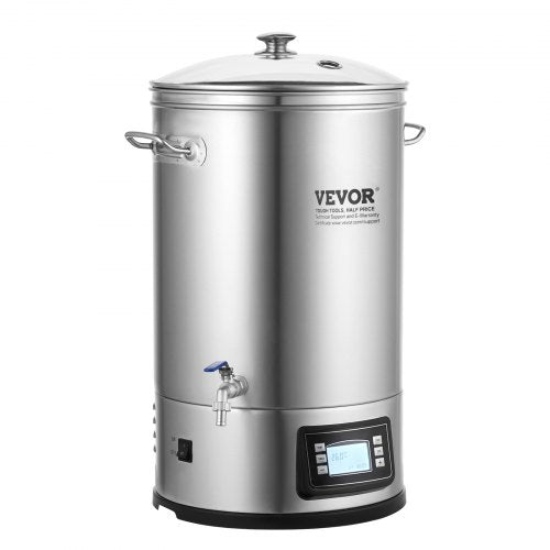VEVOR Edelstahl Bierbrauanlage Wasserkocher 35 L, Wasserkocher zum Brauen, Heimbrauzubehör für Bier, Bierbraugerät Set inkl. Glasdeckel, Griff, Zapfhahn, Elektronische Bedienblende Gewerblich