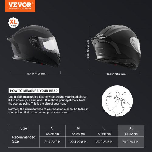 VEVOR Integralhelm Motorrad Motocrosshelm Motorradhelm 61cm Schwarz Größe XL