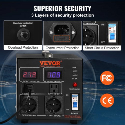VEVOR 500VA Spannungswandler Transformator AC 110V⇋220V Transformer Wandler 2x US NEMA 5-15R 3-polige/ 2x standardmäßige europäische Shucko-Ausgangssteckdosen, 1x 5V-USB-Anschluss, 1x Typ-C-Buchse