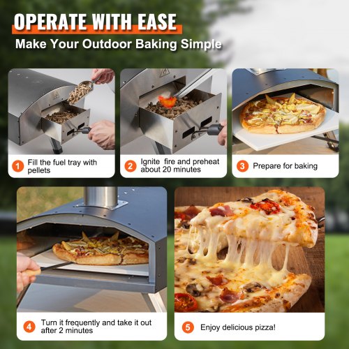 VEVOR Tragbarer Pizzaofen Pizzabackofen Outdoor 304,8 mm Gas Holzpellets Holzkohle Pizzaofen Edelstahl Pizzaofen Max 540 °C Holzpelletsschaufel &amp; Pizzastein