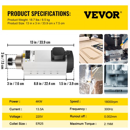 VEVOR Spindelmotor CNC Spindelmotor Luftgekühlte ER 25, Luftkühlung Spindelmotor 4 Kw, Luftgekühlter Motor für CNC Spannzangenfutter 1-18000 U / min Air Cooled Spindle Motor Wind Cooled
