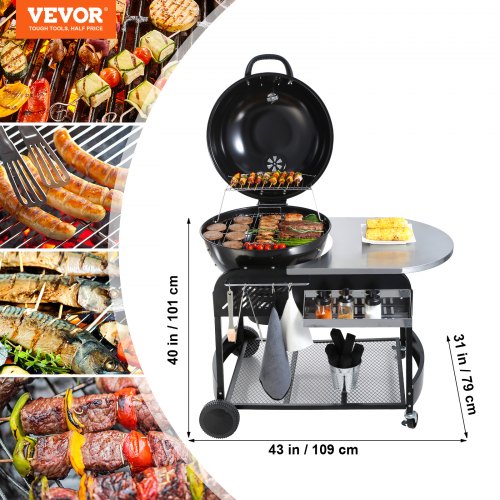 VEVOR 21-Zoll-Kessel-Holzkohlegrill, tragbarer Grill mit Wagen zum Kochen im Freien