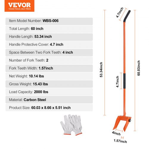 VEVOR Palettenbrecher 152,4cm Lattenheber 907kg Tragfähigkeit Brechstangen Q235 Kohlenstoffstahl Abbruch-&amp; Hebelstange mit 2 Rädern inkl.Handschuhe Pallet Buster auch als Nagelzieher verwendbar